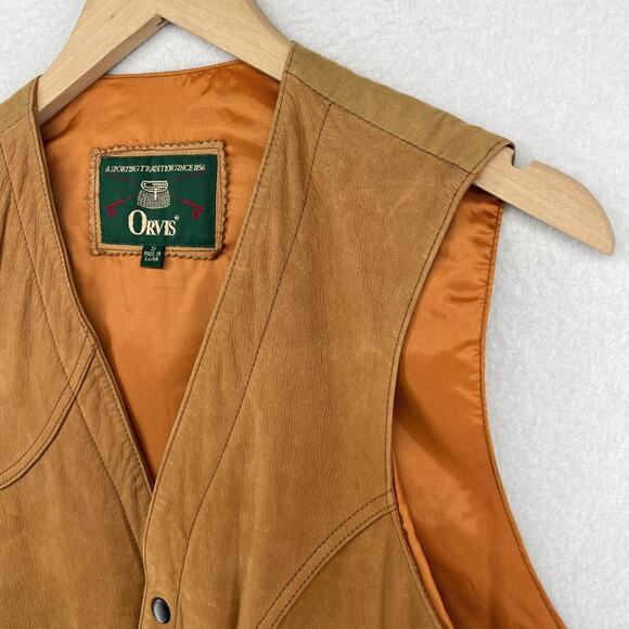 ORVIS Vest Mens S Leather Cargo Hunting Safari Utility Shooting Lined Brown - Picture 7 of 14